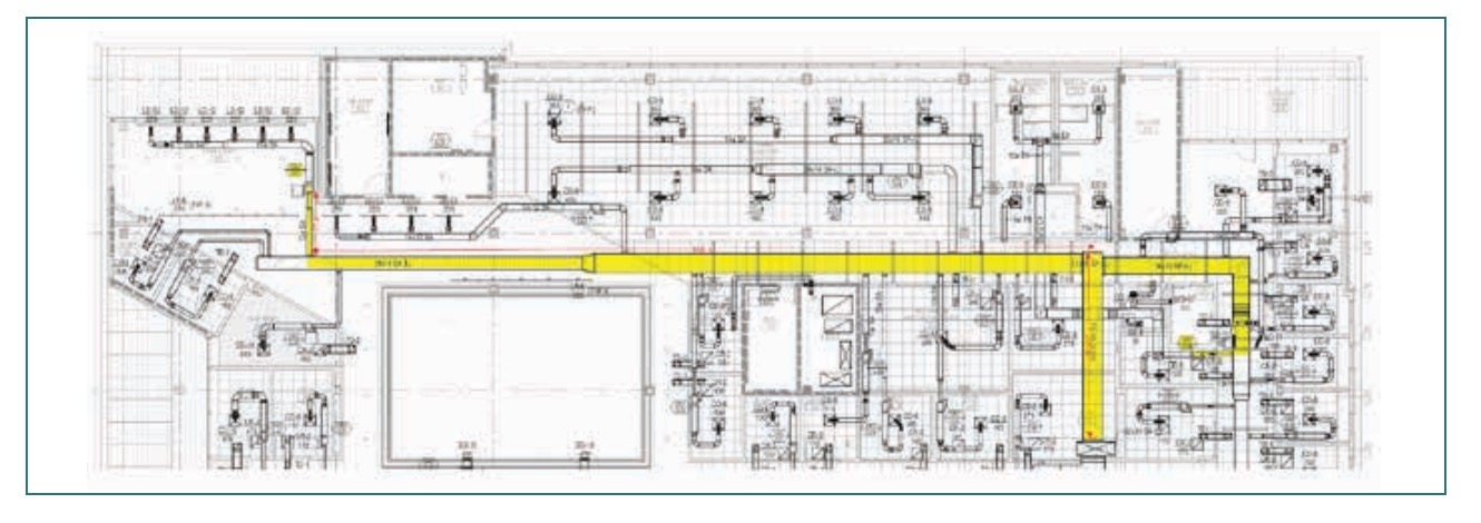Duct layout illustrating the design path discussed in the analysis.